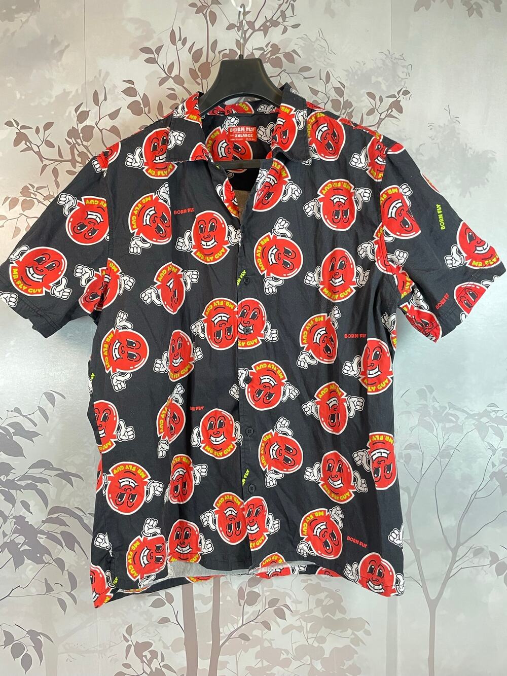 Born Fly Mens 2XL Black Mr Fly Guy Graphic Button Down Short Sleeve Streetwear